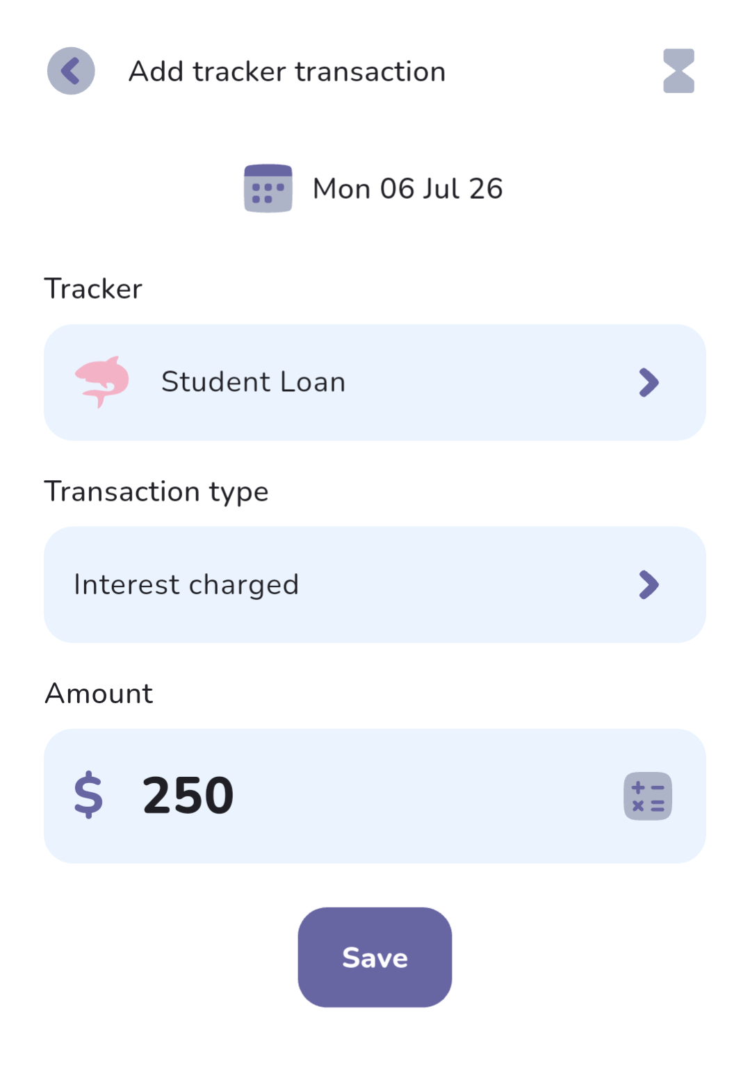 The Add tracker transaction screen in The Budgeting App, recording $250 of interest charged against the Student Loan tracker.