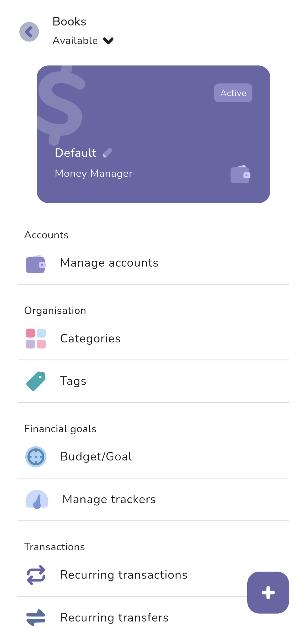 The book screen in The Budgeting App, with the purple book card showing the Money Manager type above the Accounts, Organisation, and Financial goals sections.