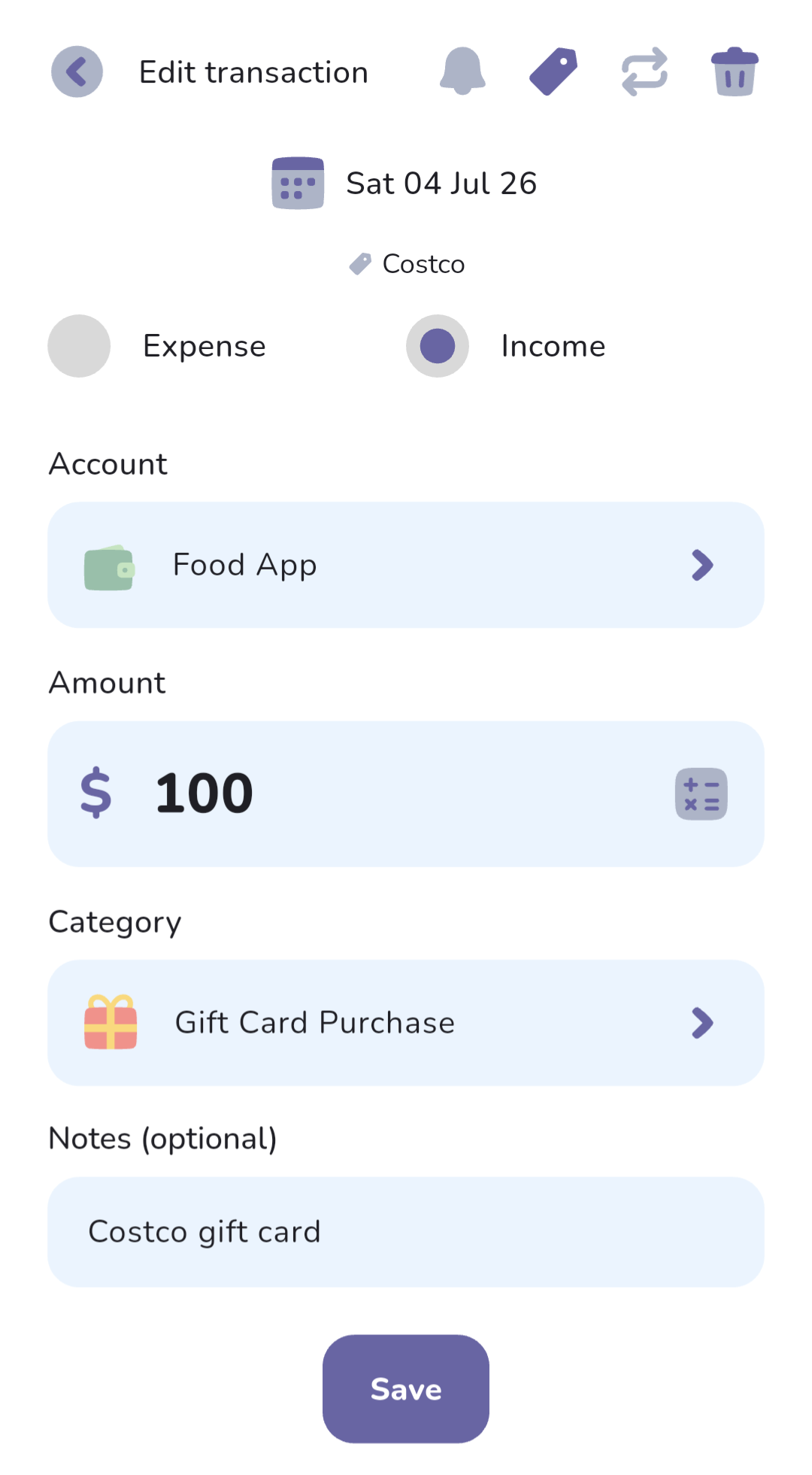 The transaction screen in The Budgeting App showing a $100 income to the Food App account, categorised as Gift Card Purchase, with the Costco tag applied.