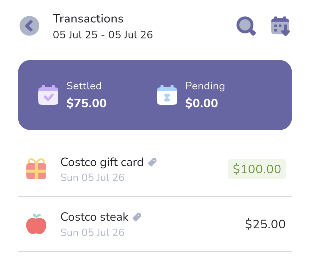Transactions filtered to the Costco tag over the last year, with the totals box showing $75 settled and $0 pending above a $100 gift-card purchase and a $25 spend.