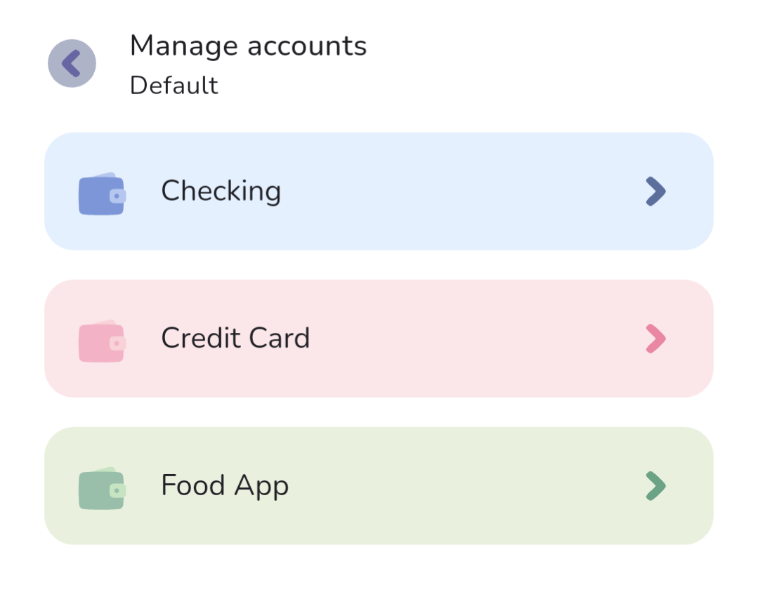 The Manage accounts screen in The Budgeting App listing 3 accounts: Checking, Credit Card, and Food App.