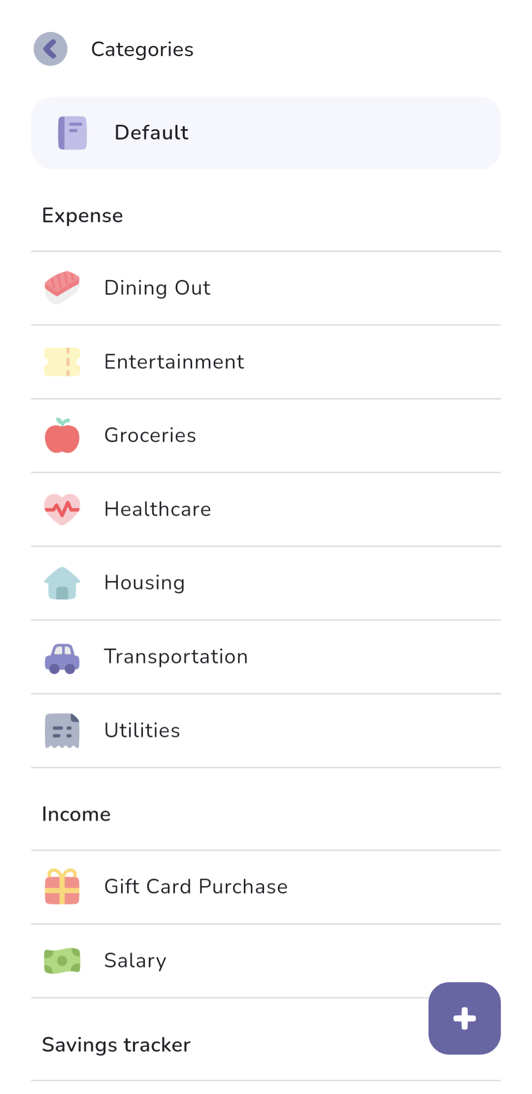 The Categories screen in The Budgeting App, showing default expense categories such as Groceries and Entertainment, with the Gift Card Purchase income category below.
