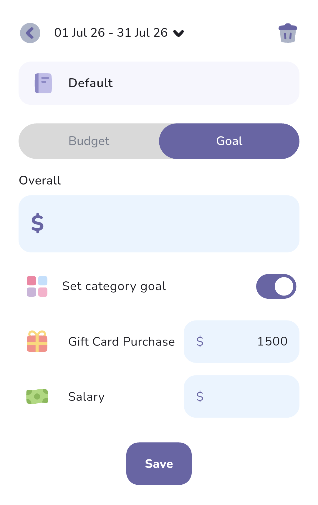 The Goal screen in The Budgeting App with Set category goal switched on and the Gift Card Purchase category set to $1,500.