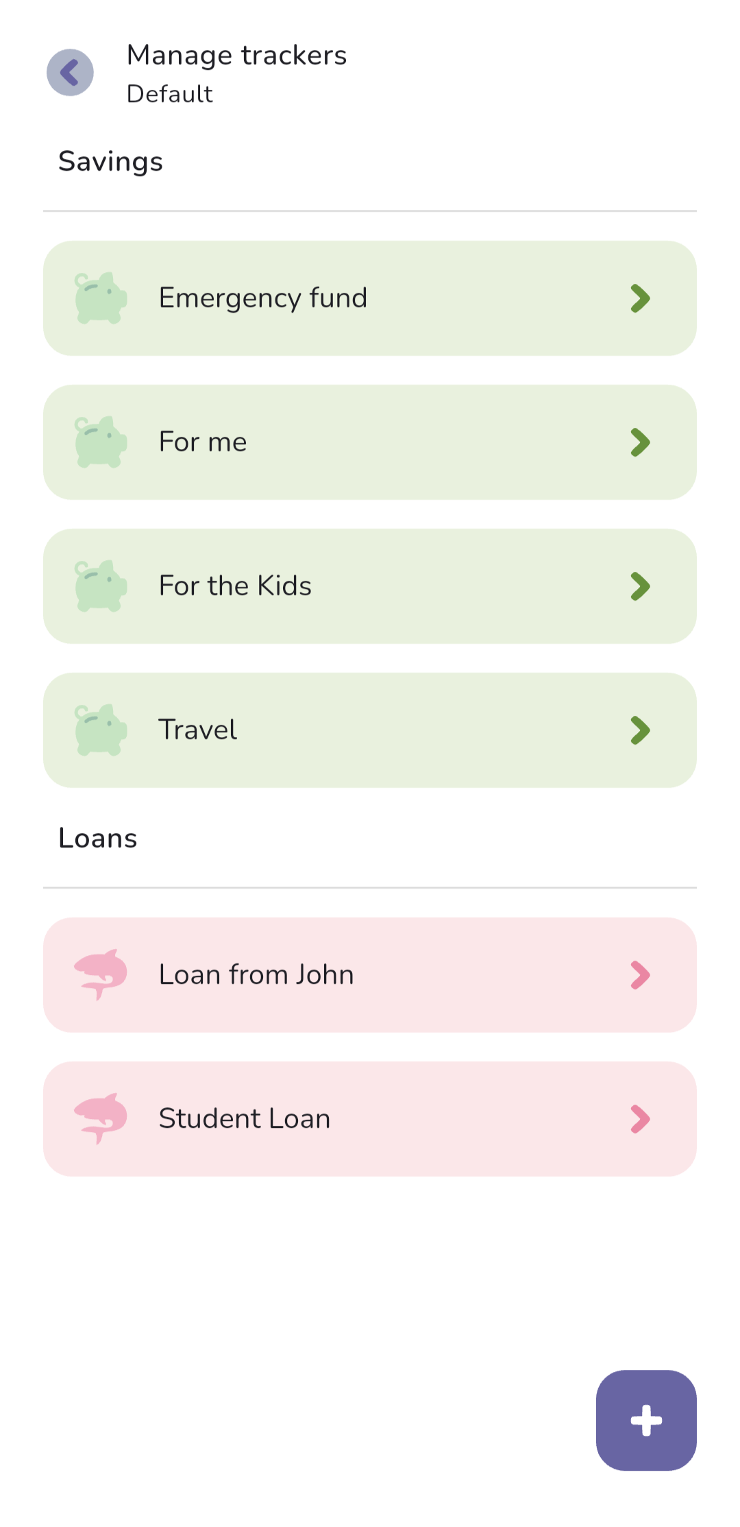 The Manage trackers screen in The Budgeting App, with savings trackers named Emergency fund, For me, For the Kids, and Travel, and loan trackers named Loan from John and Student Loan.