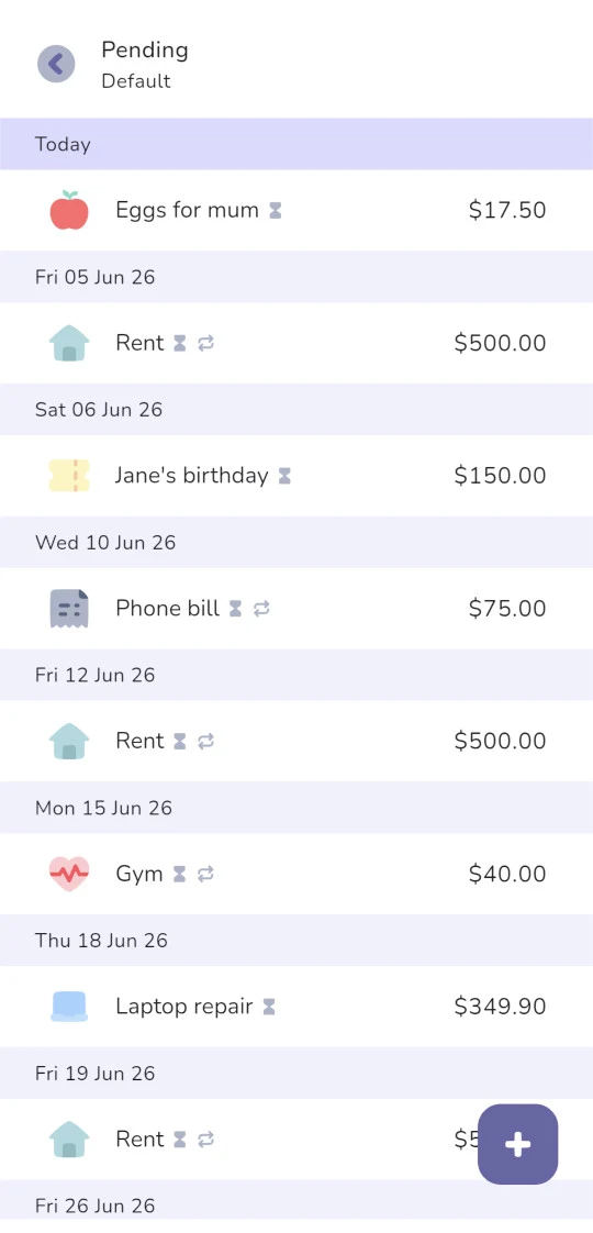 The pending transactions screen in The Budgeting App, listing upcoming entries grouped by date, each marked with an hourglass icon.