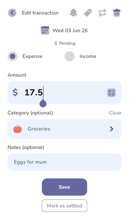 The edit transaction screen in The Budgeting App, showing a pending expense with a Save button and a Mark as settled button just below it.