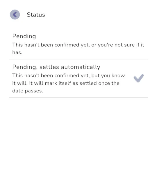 The status menu in The Budgeting App, with two options: Pending, and Pending settles automatically, which is selected with a tick.