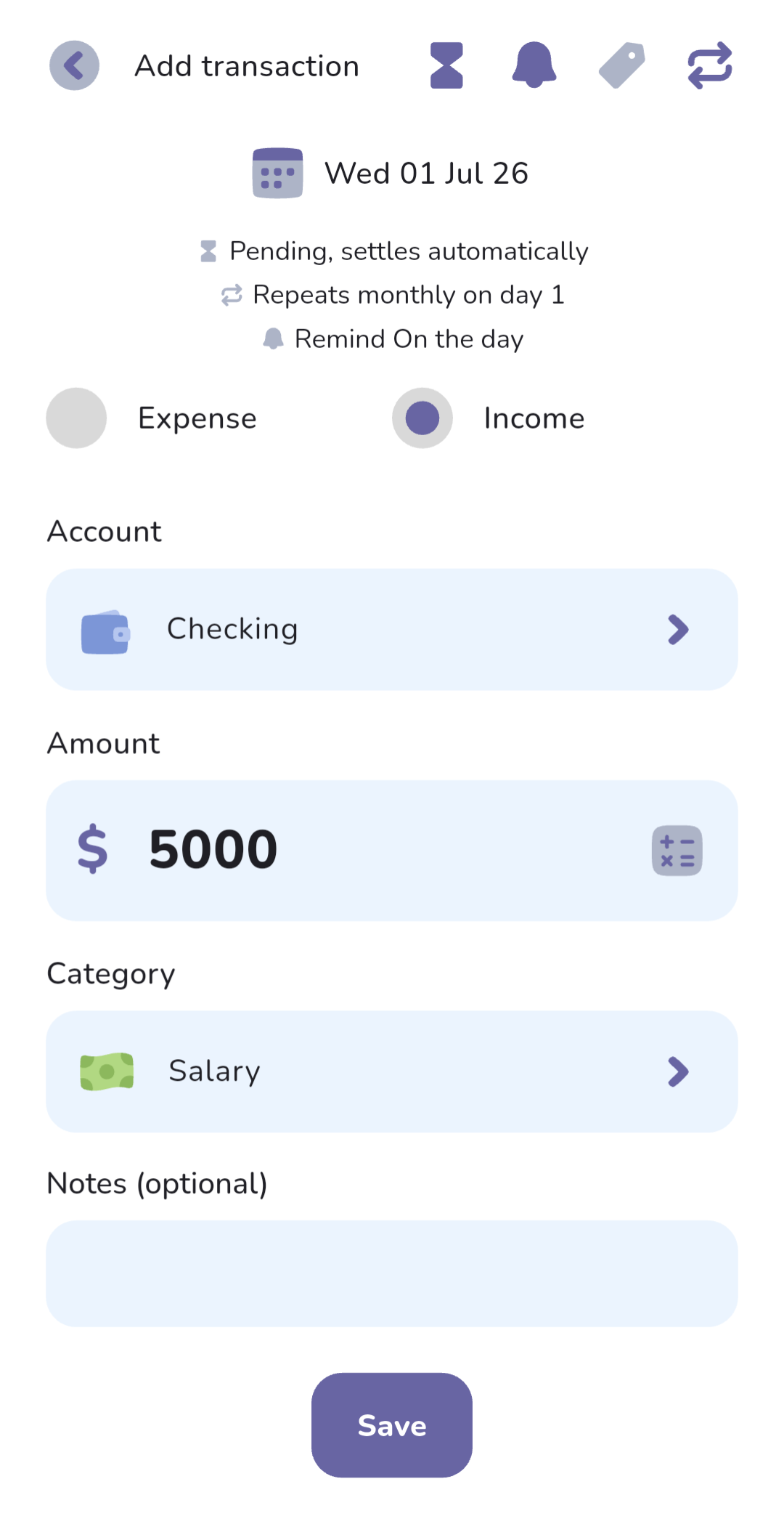 The Add transaction screen in The Budgeting App: a $5,000 recurring monthly income to Checking, categorised as Salary, set to pending, settles automatically, with a reminder on the day.