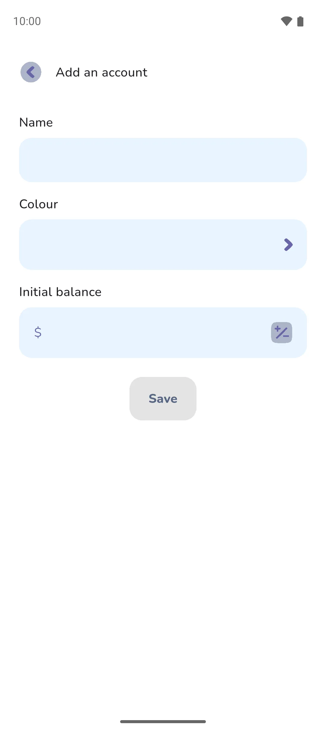 The Add an account screen with empty Name, Colour and Initial balance fields