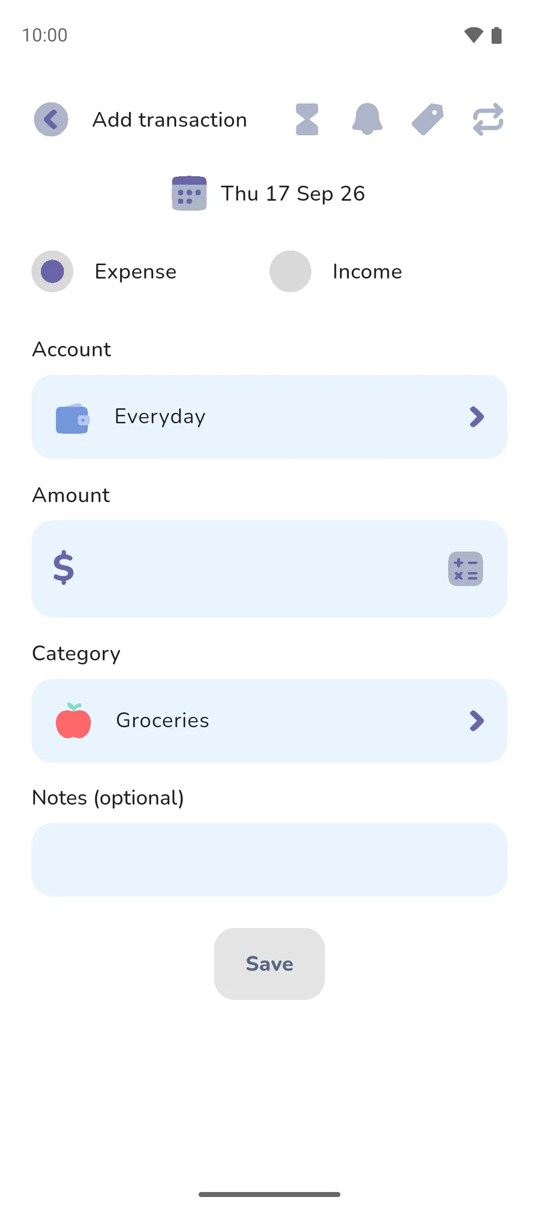 The Add transaction form for an expense on the Everyday account, with the amount still empty and Groceries as the category