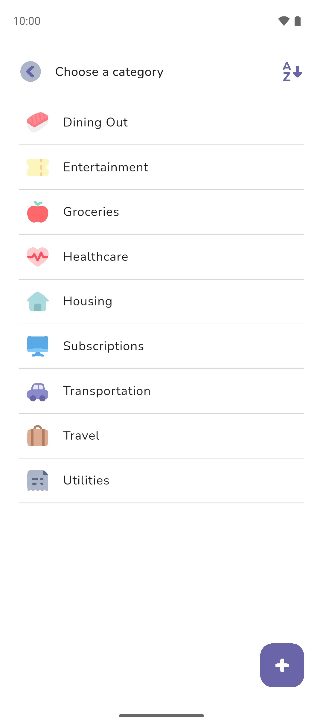 The Choose a category picker listing the expense categories alphabetically, each with its icon