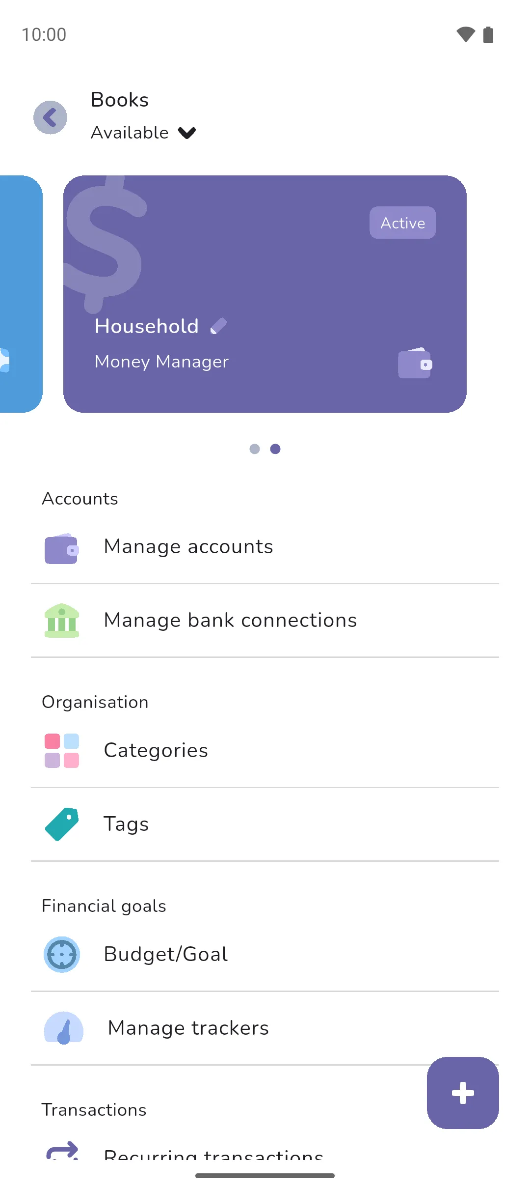 The Books screen on the card of a Money Manager book named Household