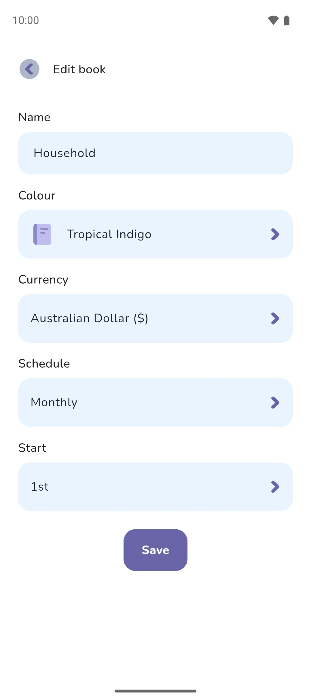 The Edit book screen with the book's name, colour, currency, schedule and start day