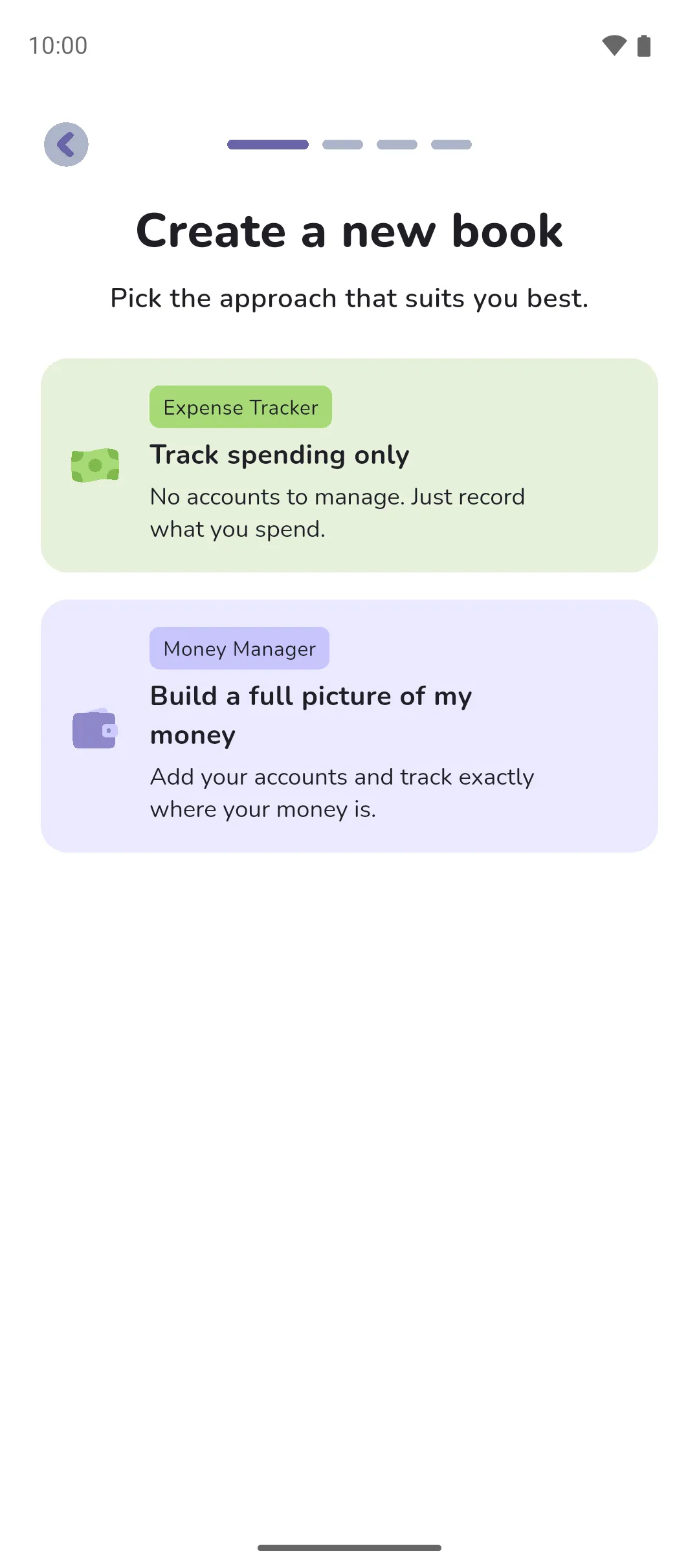 The choice between Expense Tracker and Money Manager when creating a book