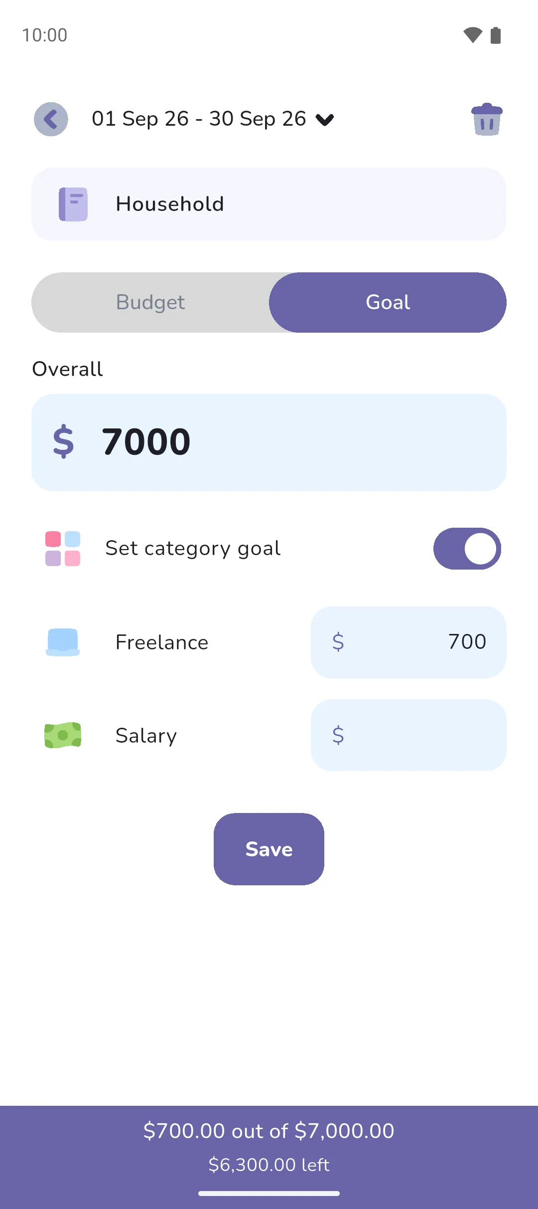 The Goal tab showing the Household book's overall goal of $7,000 and a category goal beside Freelance