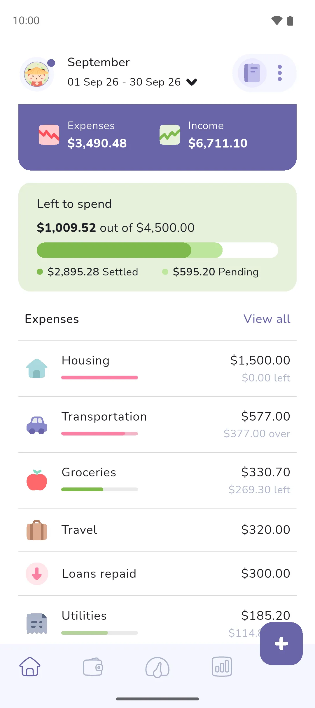 The home screen's Left to spend card above the Expenses list, where each budgeted category shows what's left or how far over