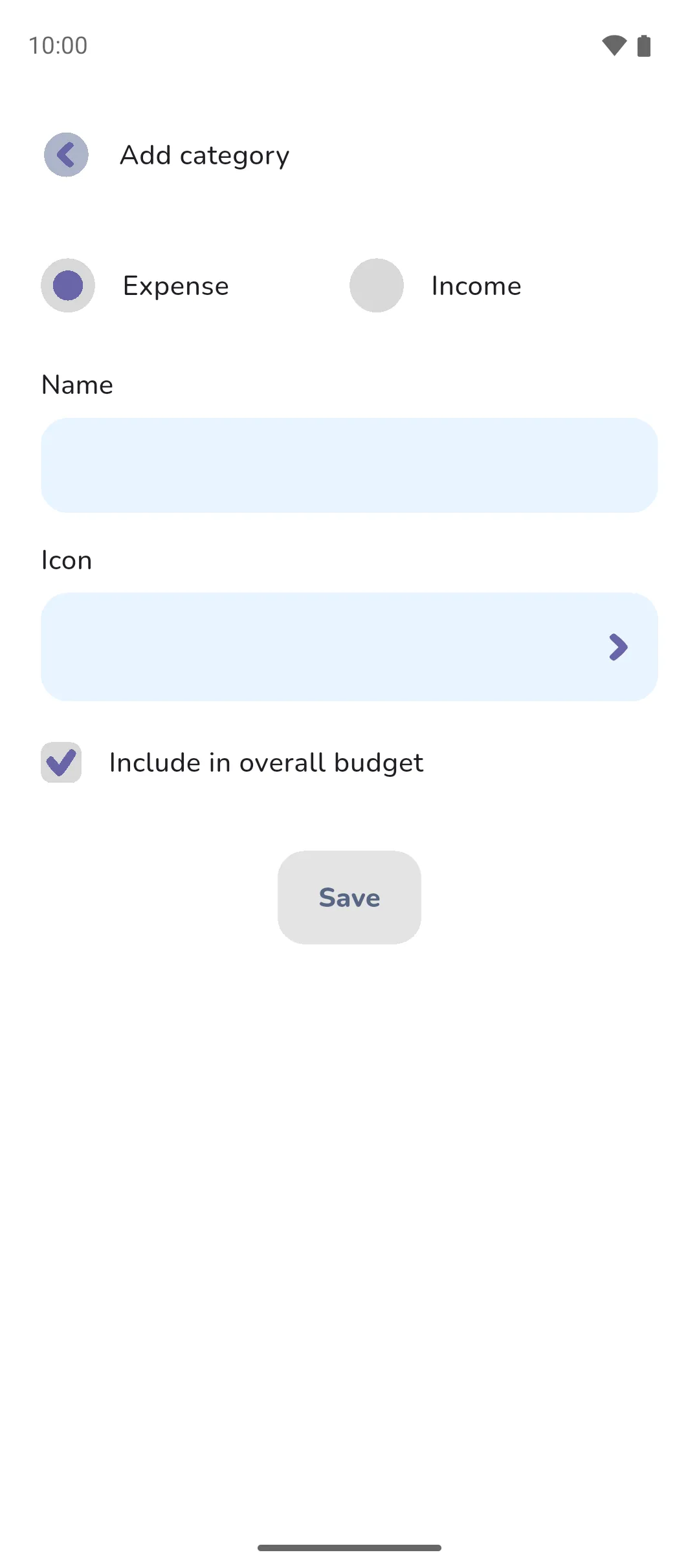 The Add category form with Expense chosen, Name, Icon and Include in overall budget ticked