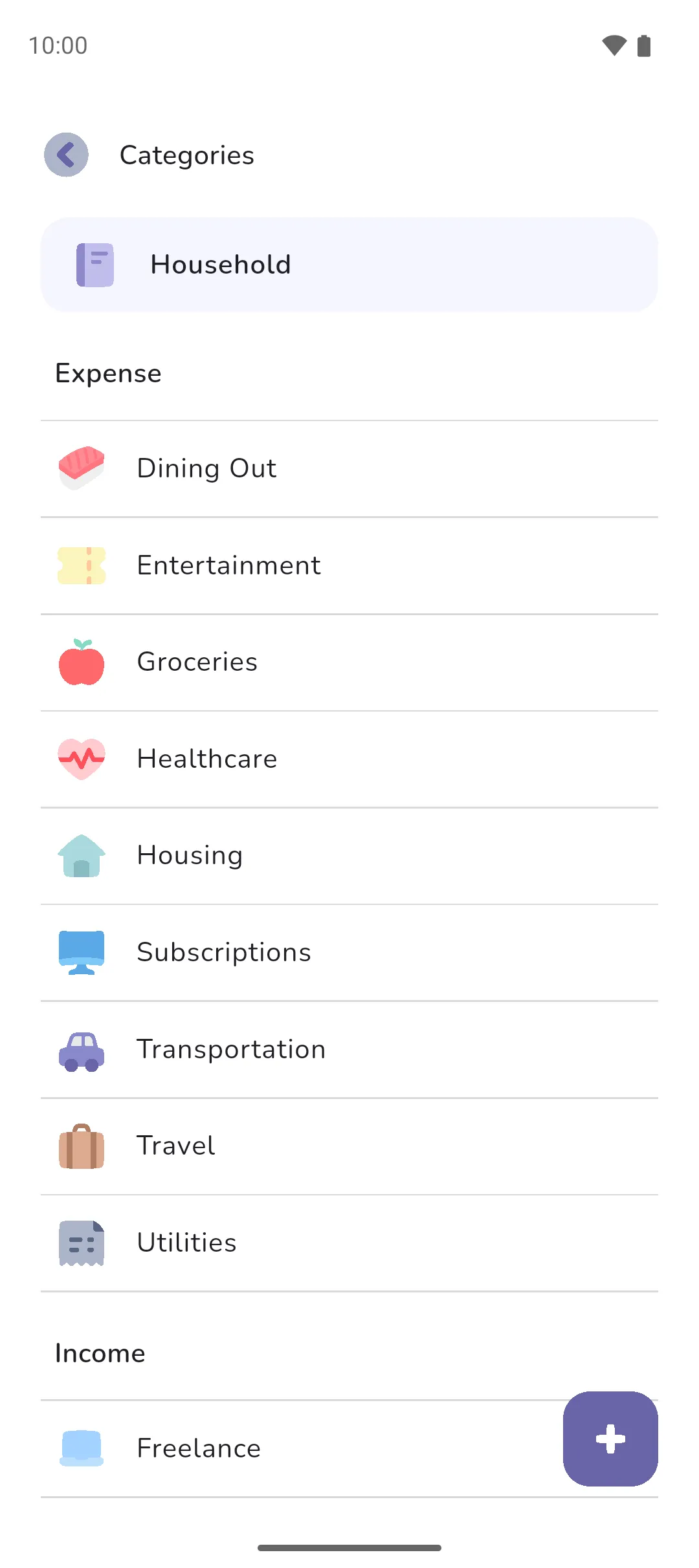 The Categories screen listing the Household book's categories under Expense and Income