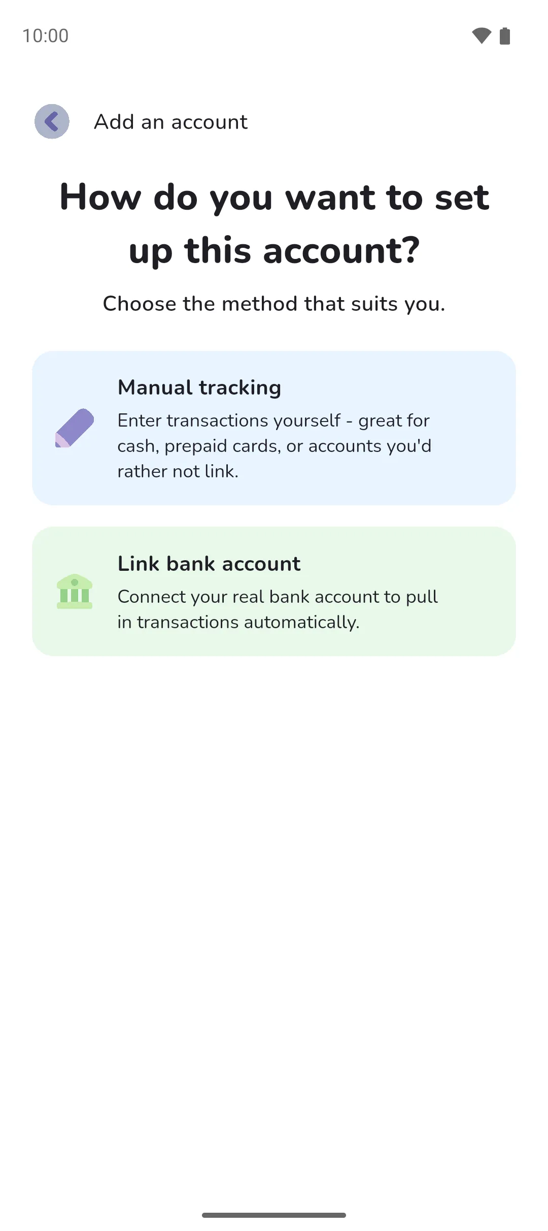 The Add an account screen offering Manual tracking or Link bank account