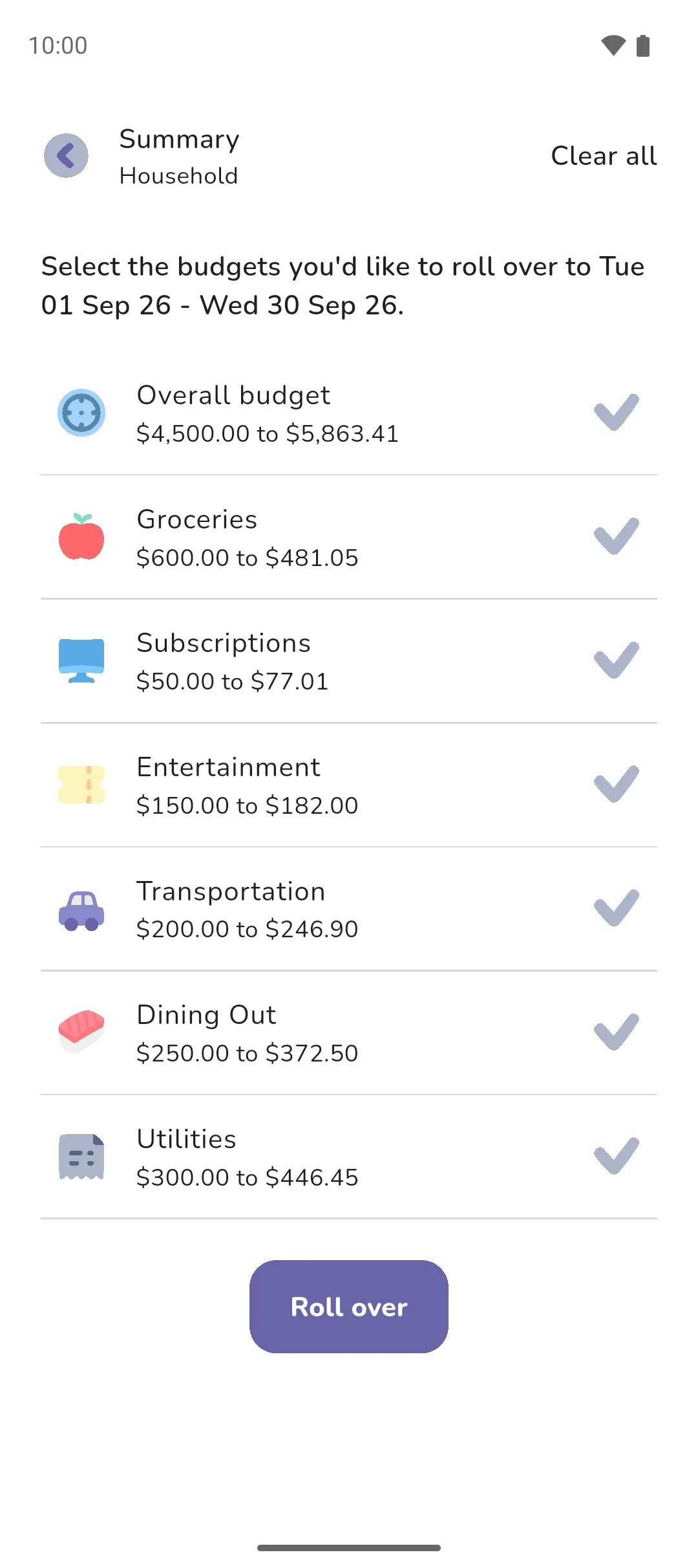 The list of budgets to roll over, each ticked, with the amount each would become and the Roll over button