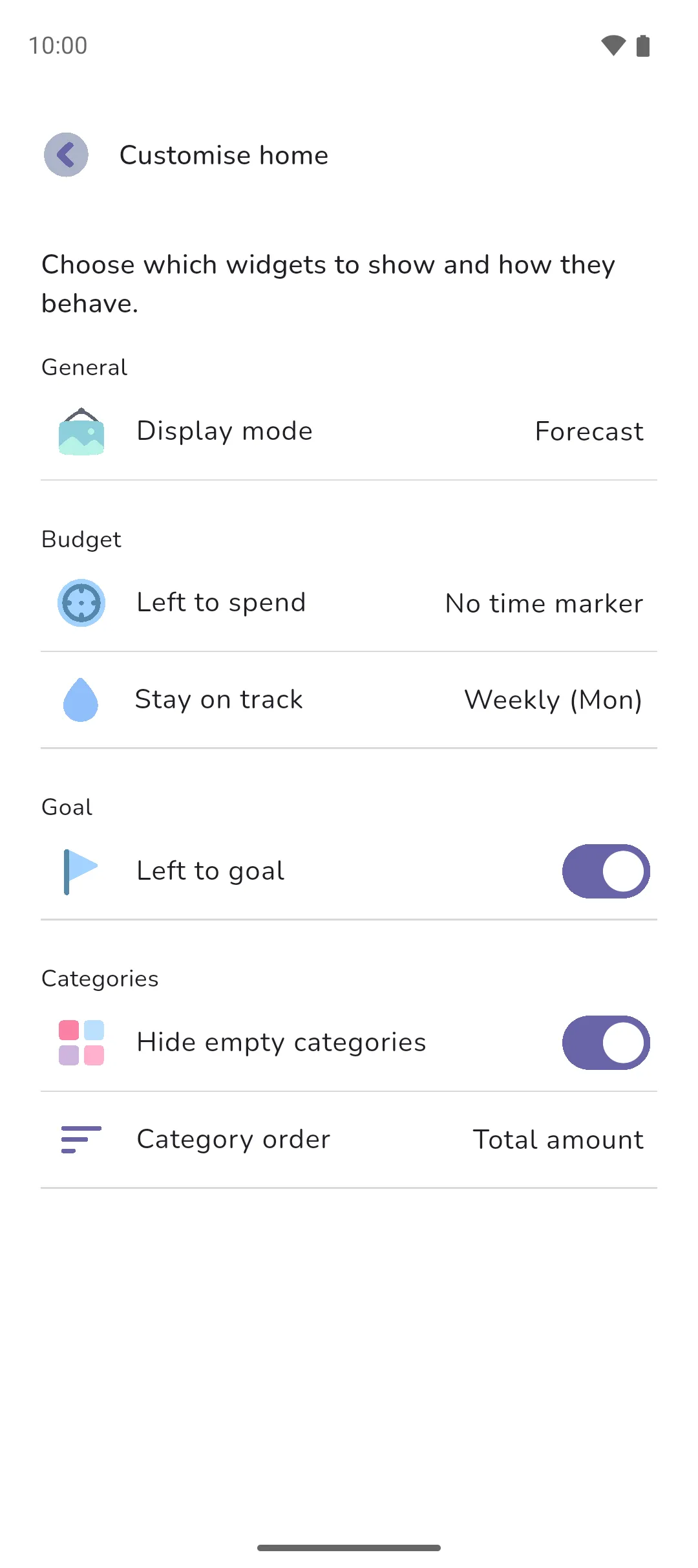 The Customise home screen with Display mode, Left to spend, Stay on track, Left to goal, Hide empty categories and Category order