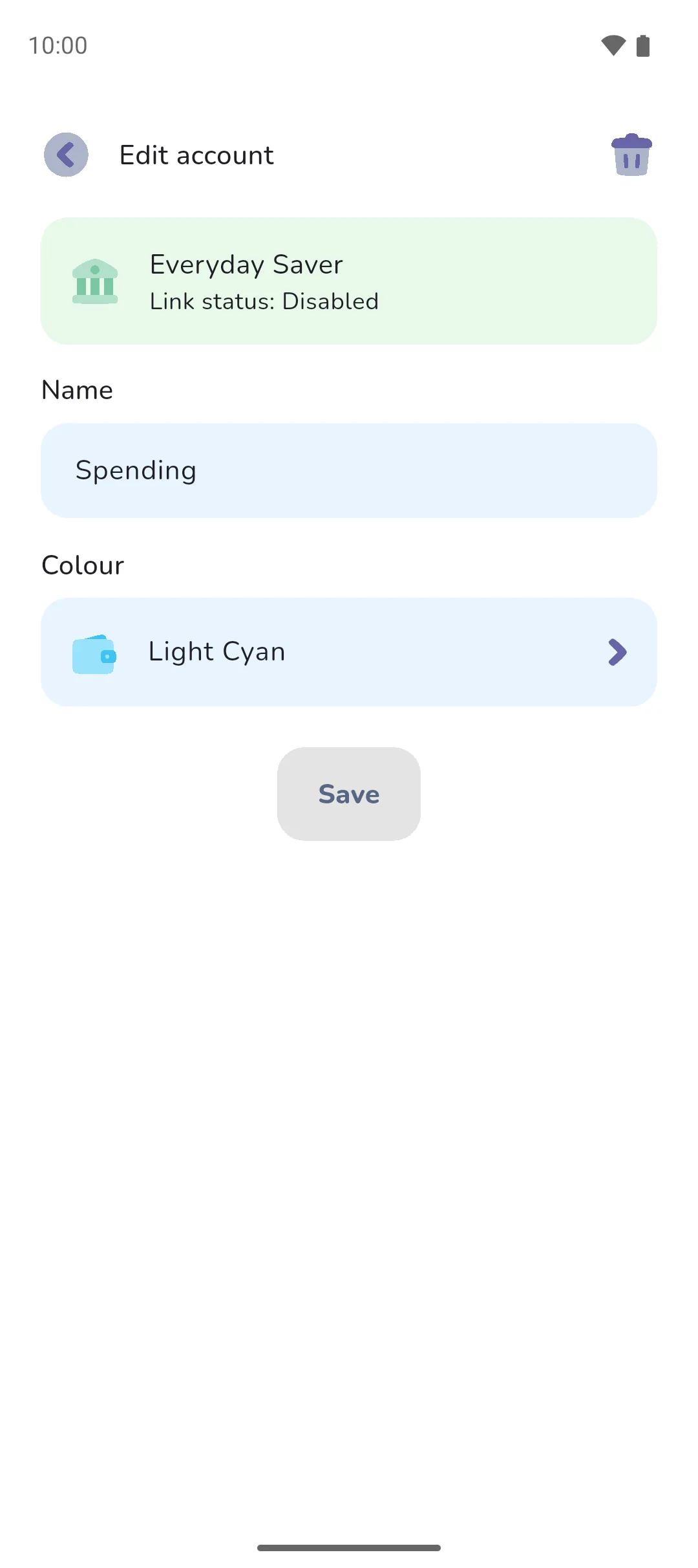 The Edit account screen for a linked account showing its bank account and Link status