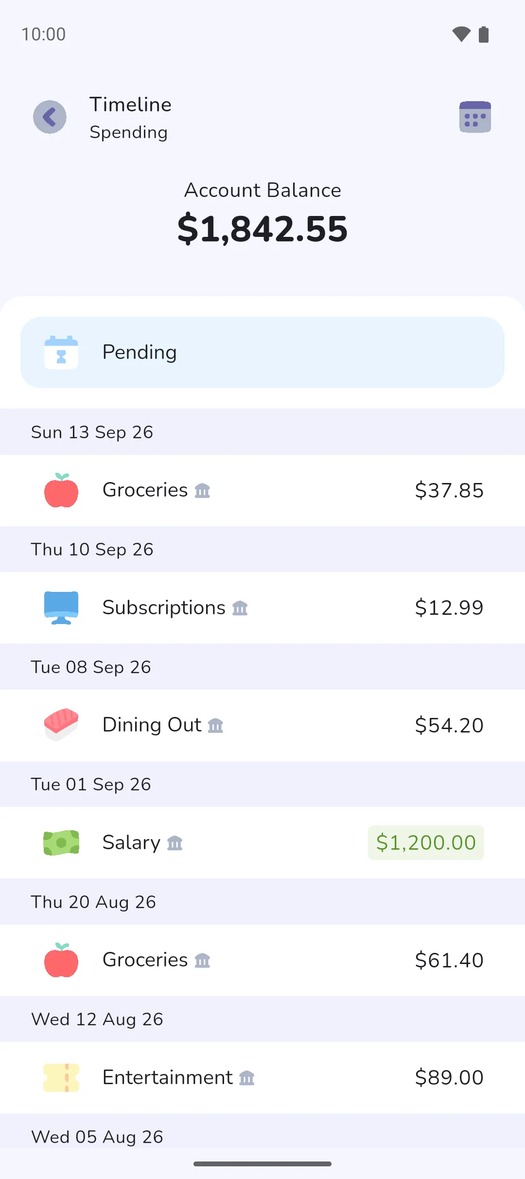 The Timeline screen of a linked account with its balance from the bank and no Plus button
