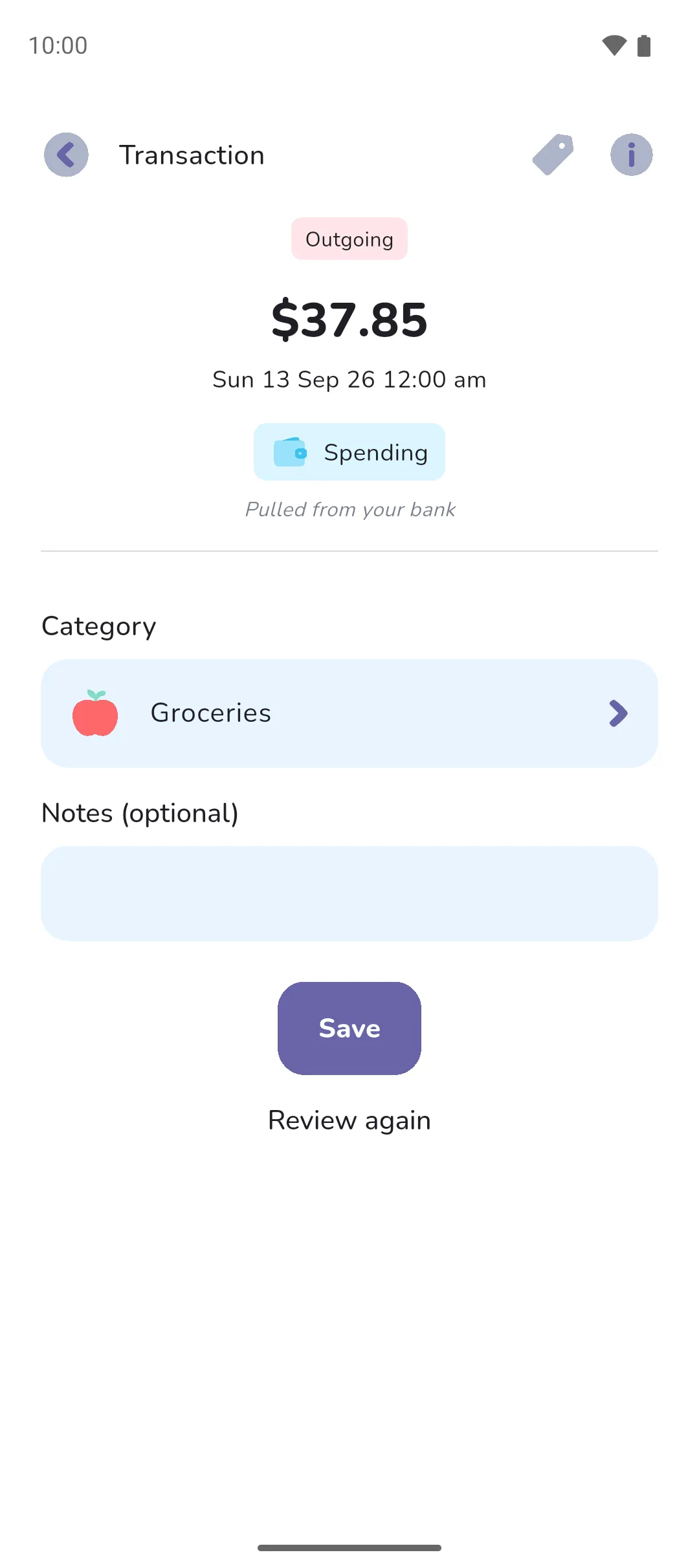 A synced transaction with its amount, date and account fixed and only its category and notes to edit