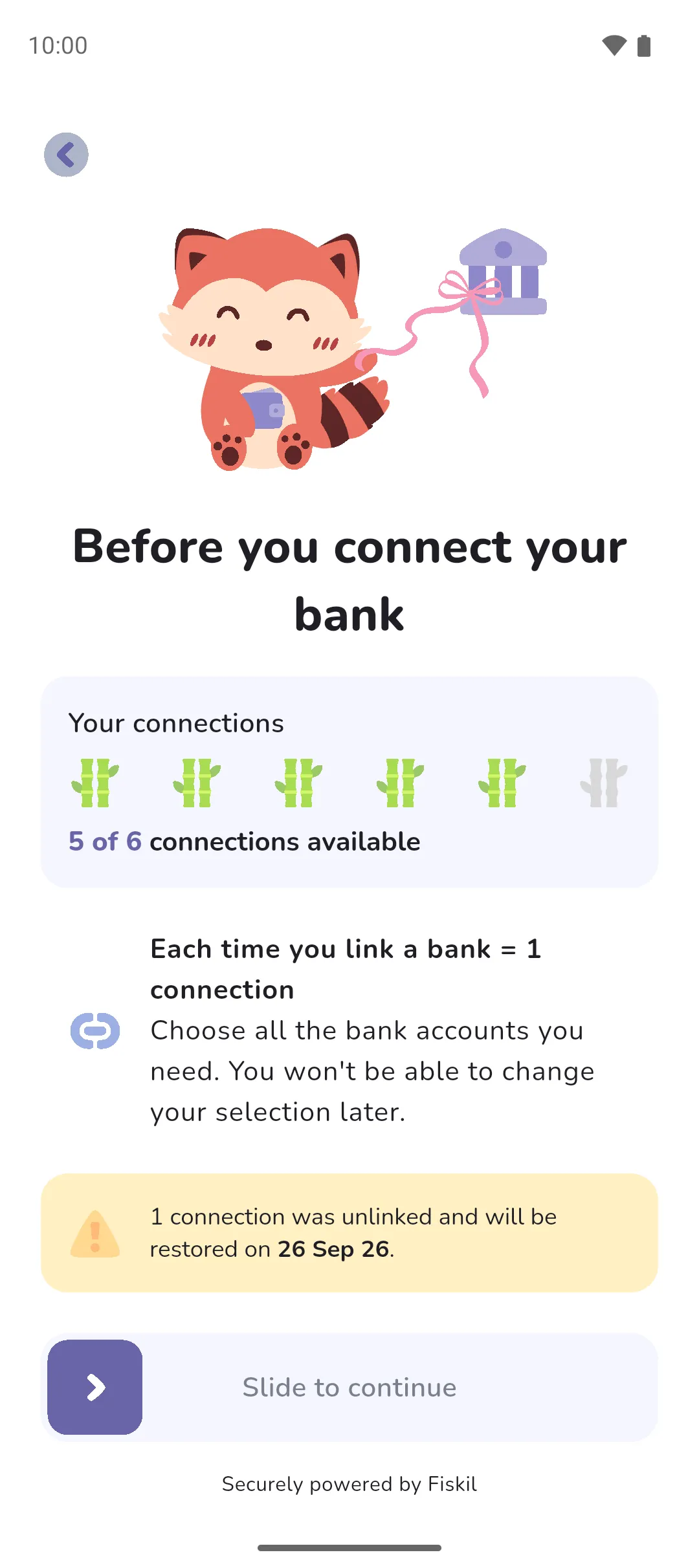 The Before you connect your bank screen with the Your connections card showing 5 of 6 connections available