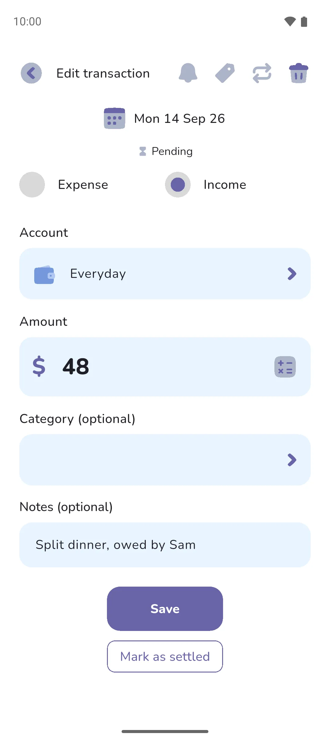 The Edit transaction screen for a pending income with Mark as settled beneath Save