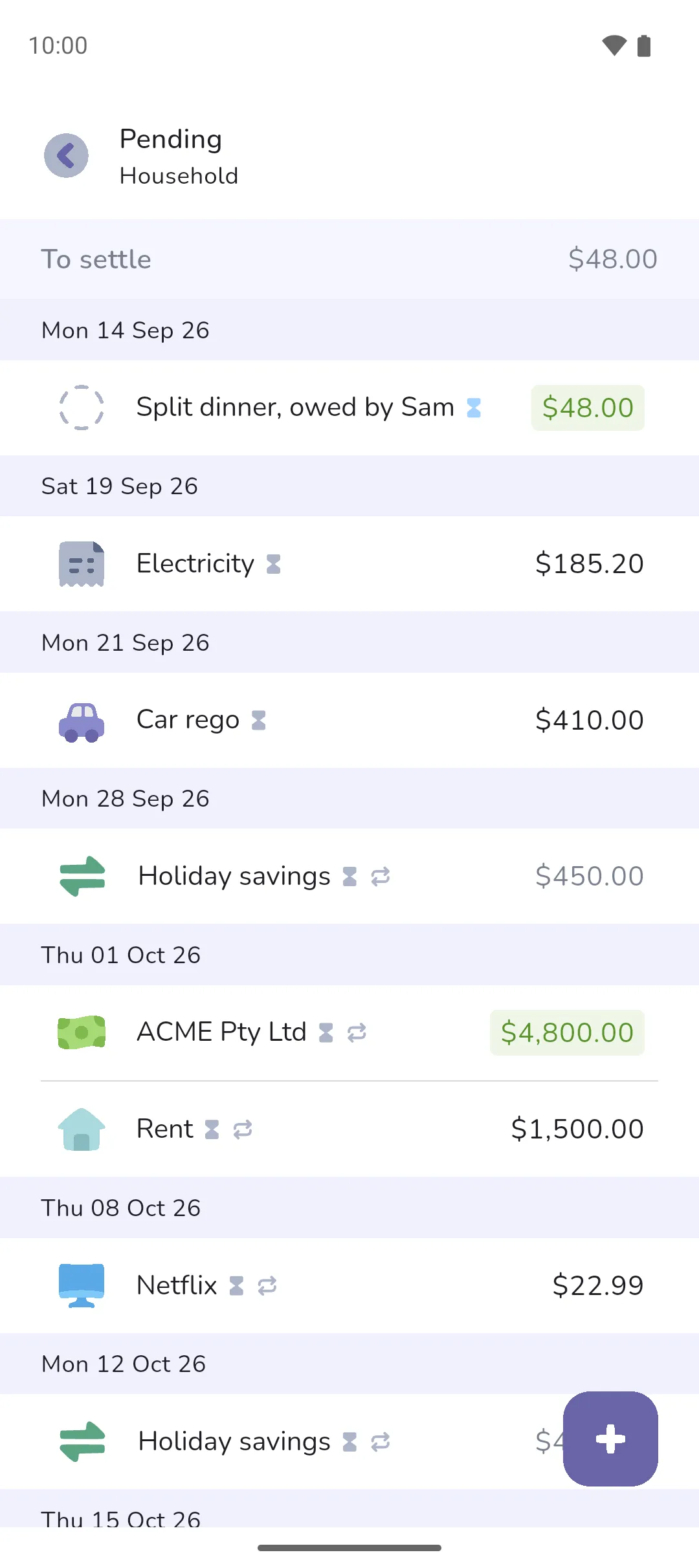 The Pending screen for the Household book with its To settle total and every pending transaction oldest first