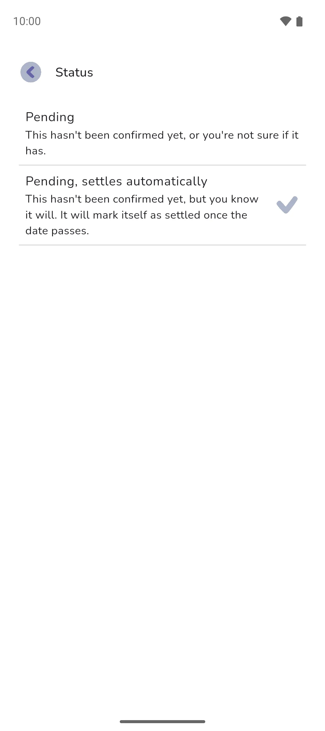 The Status screen for a bill in the future with Pending, settles automatically ticked