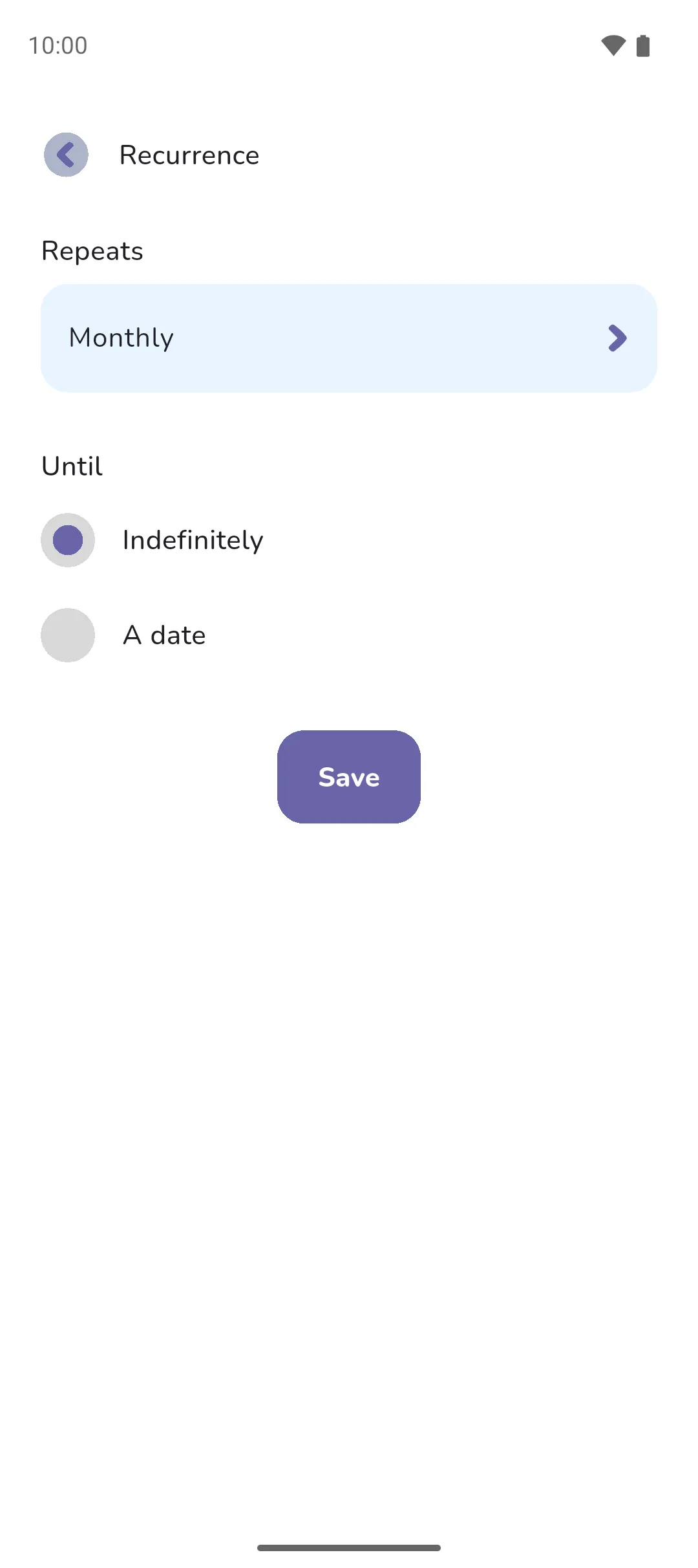 The Recurrence screen with Repeats set to Monthly and Until set to Indefinitely