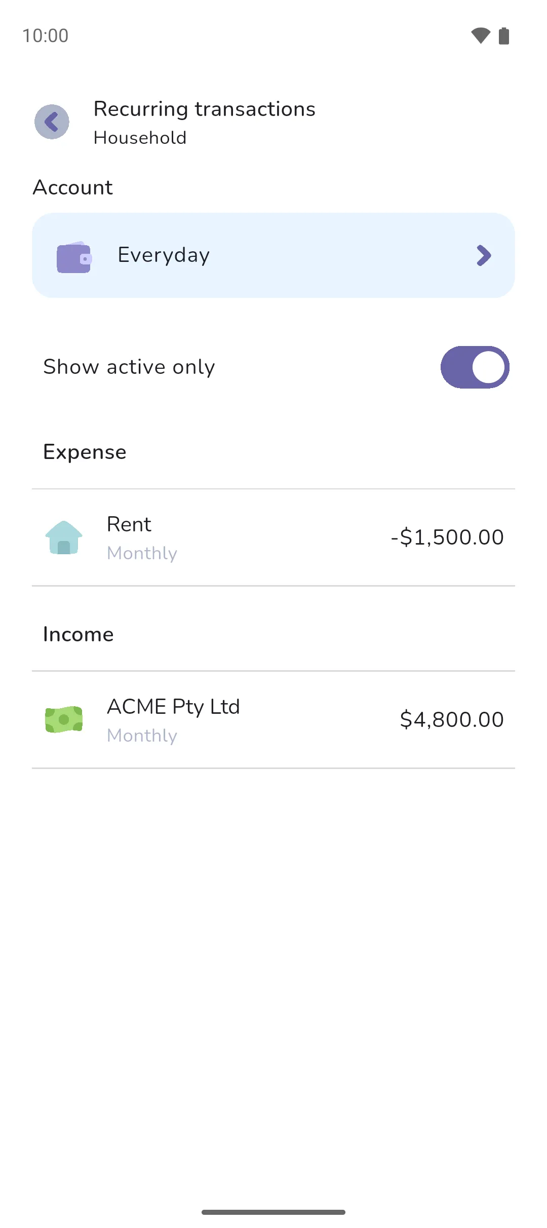 The Recurring transactions list for the Everyday account, with the rent under Expense and the salary under Income