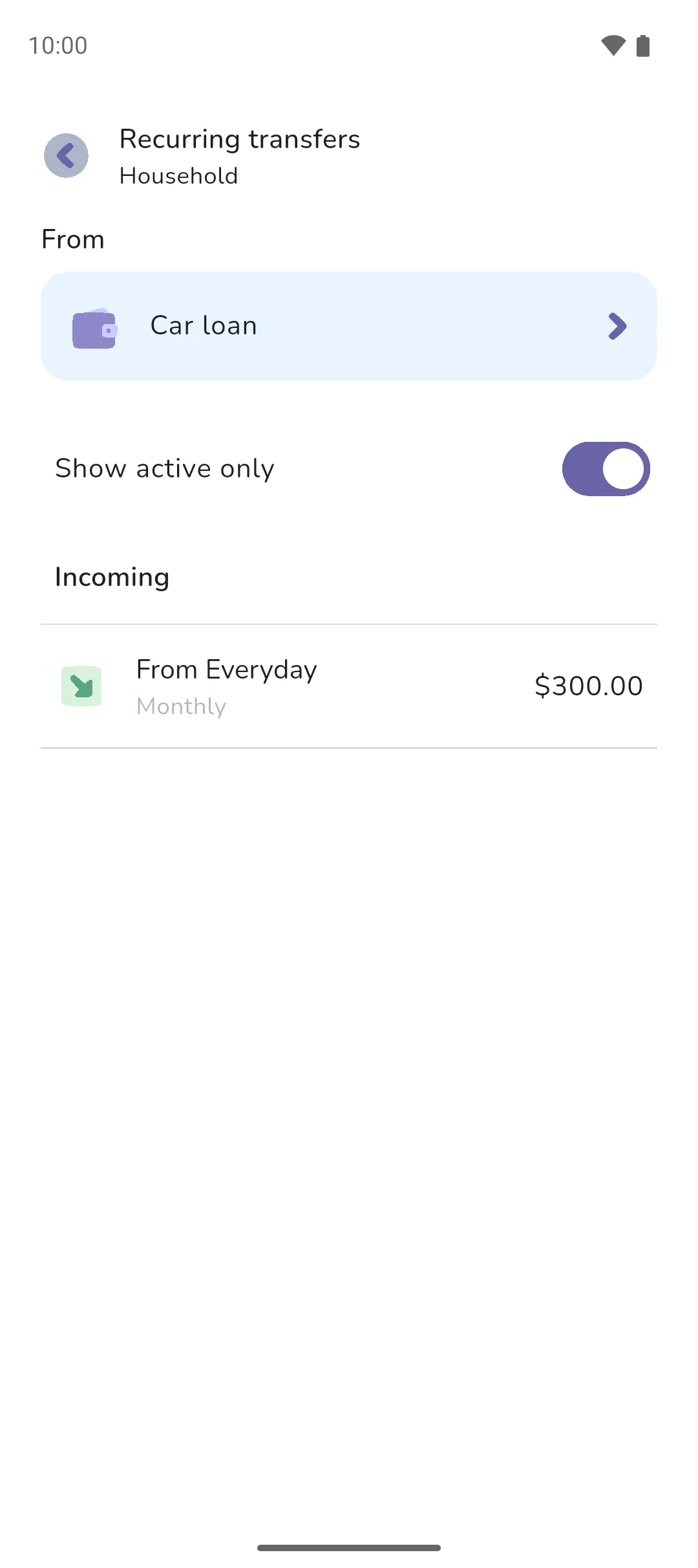 The Recurring transfers list for the Car loan tracker, with the monthly repayment from Everyday under Incoming