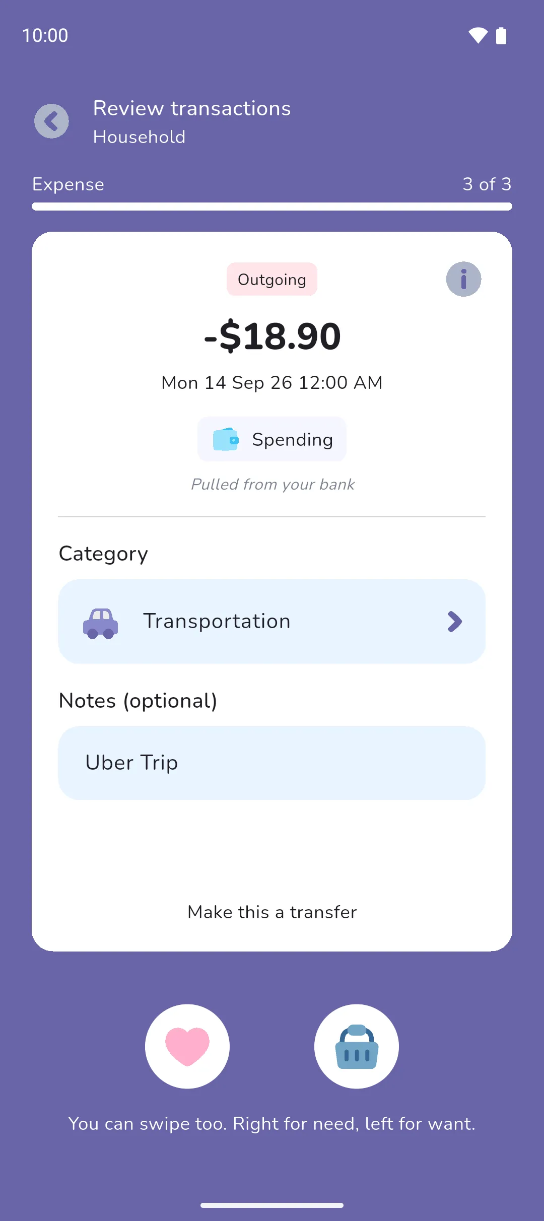 The Review transactions screen showing an expense from a linked account with its Category, Notes and the Want and Need buttons
