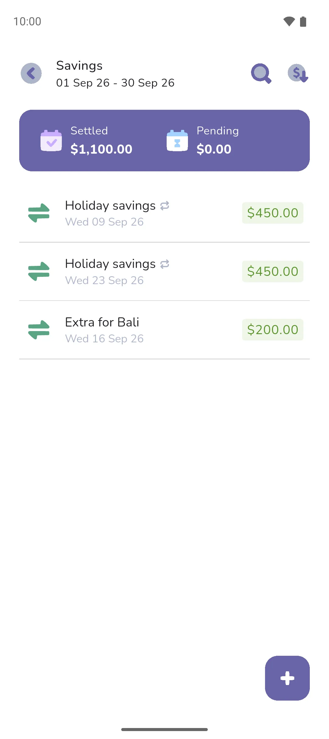 The Savings screen for this period, with its Settled and Pending totals and the transfers into Holiday beneath
