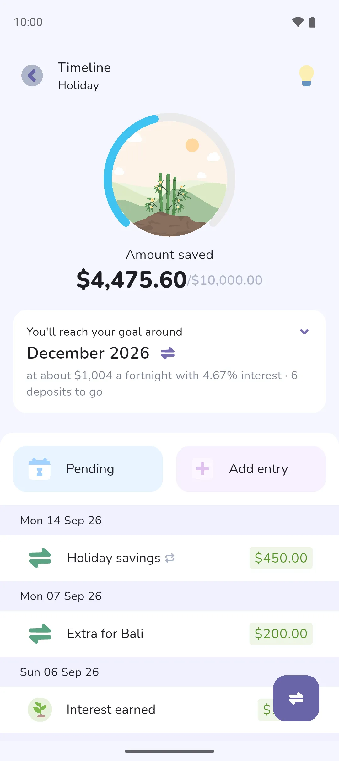The Timeline screen of the Holiday savings tracker with the insight card at the top saying when the goal will be reached