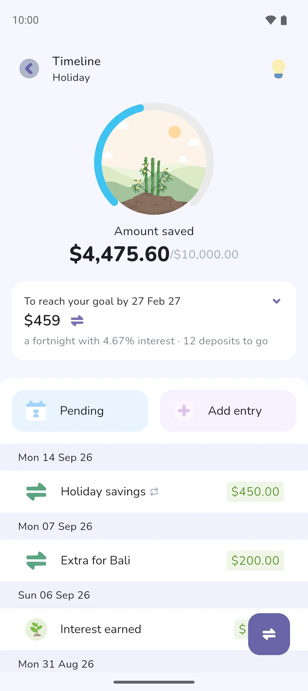 The insight card on the Holiday tracker with a date picked, showing how much to put in each fortnight