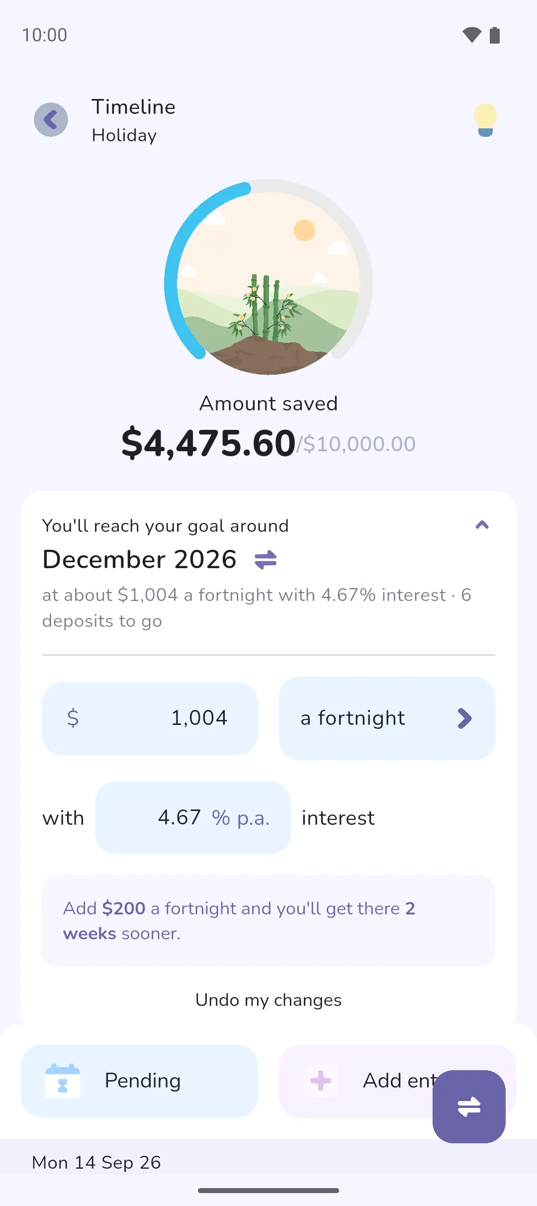 The insight card on the Holiday tracker expanded, with the amount, the frequency and the interest rate to change