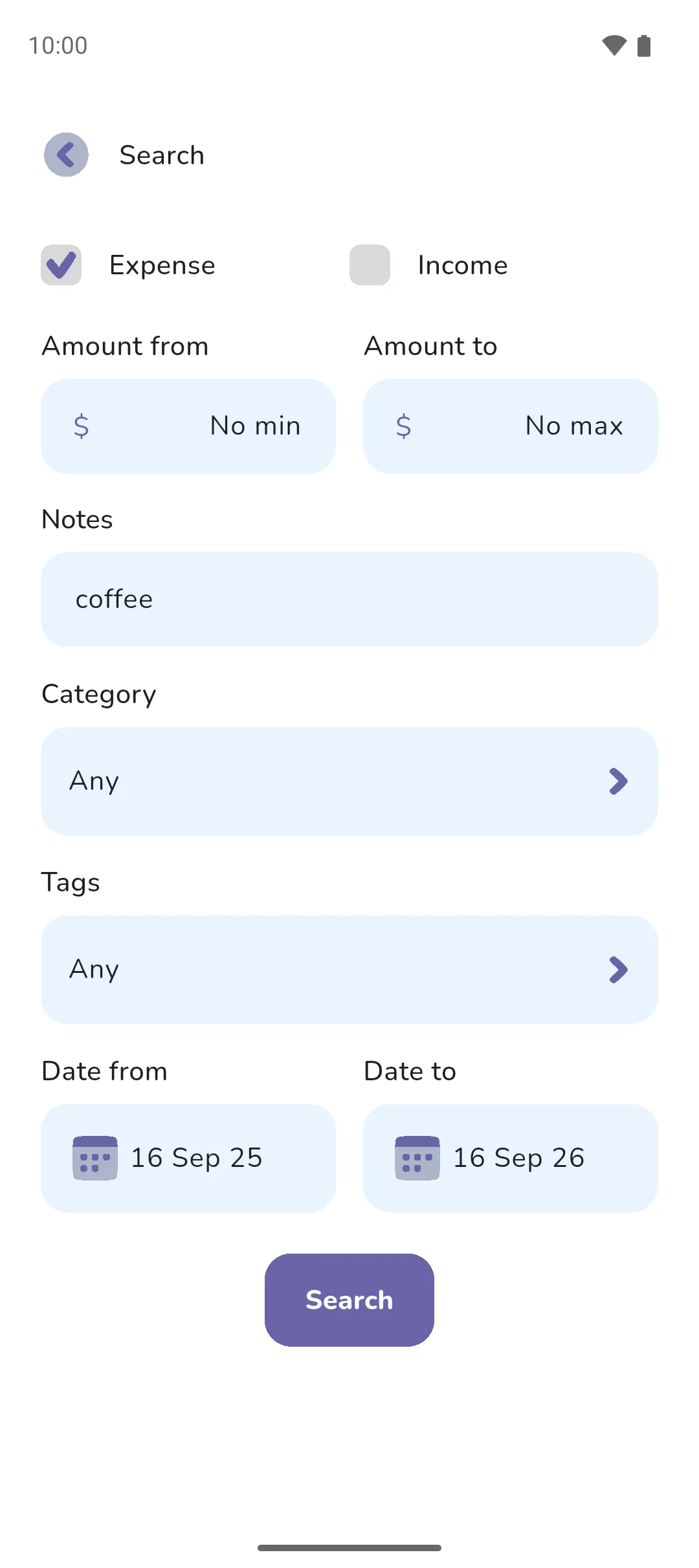The Search screen with Expense ticked, coffee typed under Notes and a year's date range