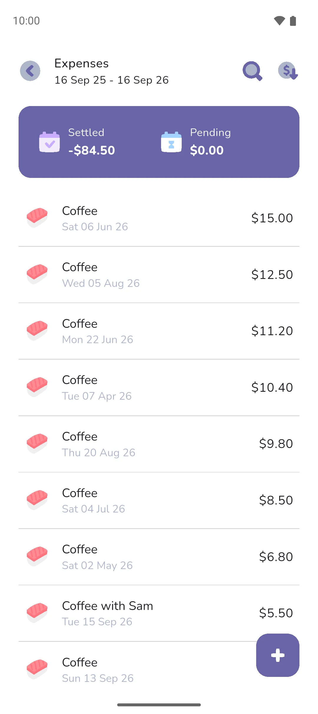 The search results for coffee with their Settled and Pending totals and the expenses largest first