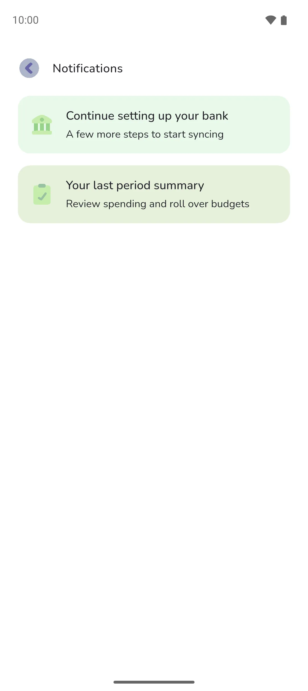 The Notifications screen listing the Continue setting up your bank card and the Your last period summary card
