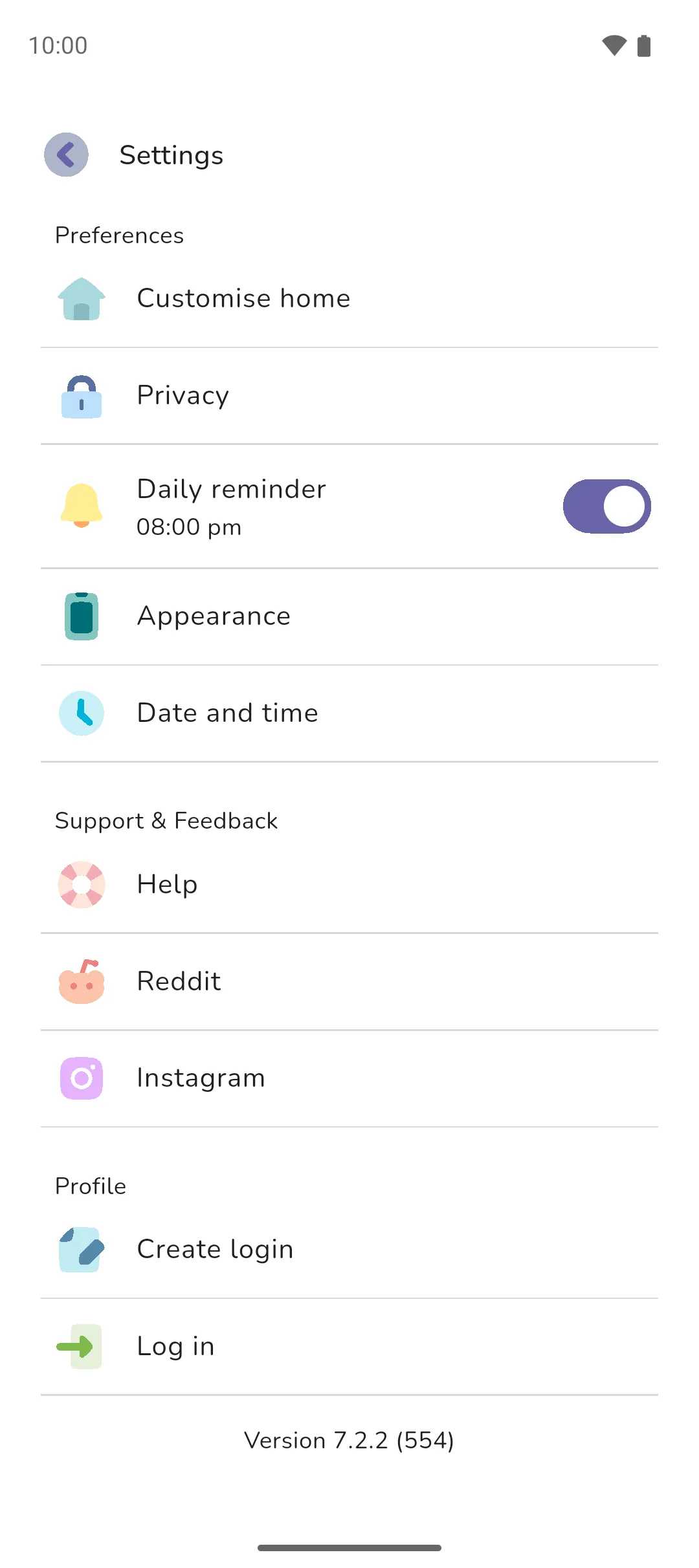 The Settings screen without a login, with Daily reminder on at 8:00pm and Create login and Log in under Profile