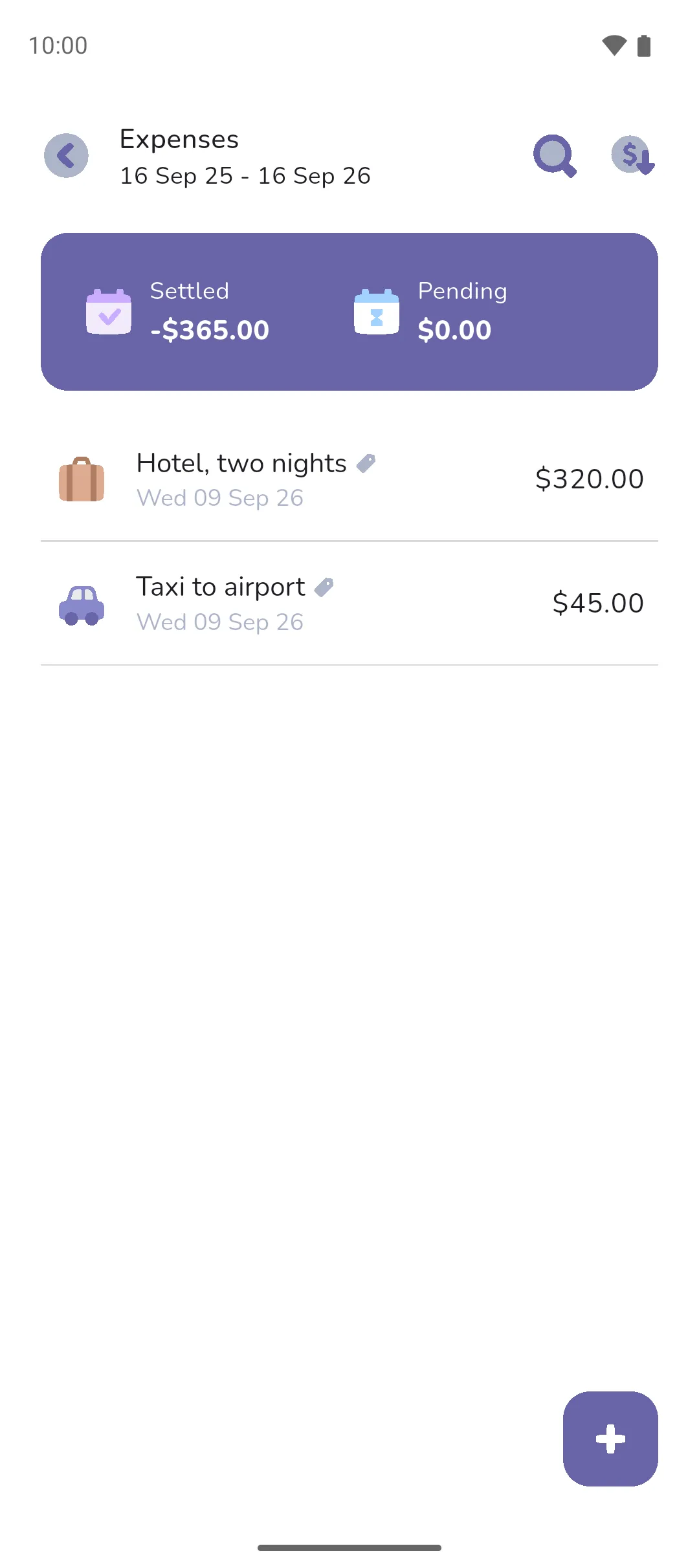 The search results for the Work trip tag with their Settled and Pending totals at the top