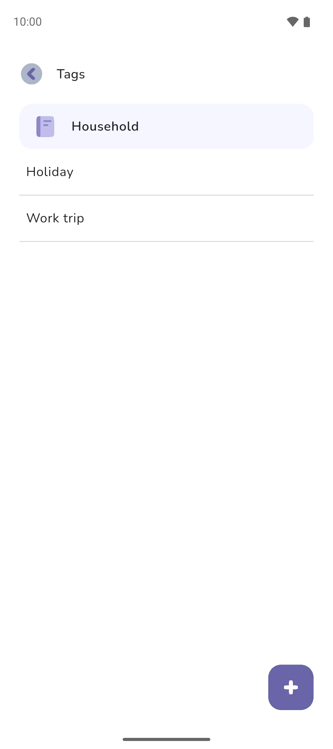 The Tags screen for the Household book listing the Holiday and Work trip tags
