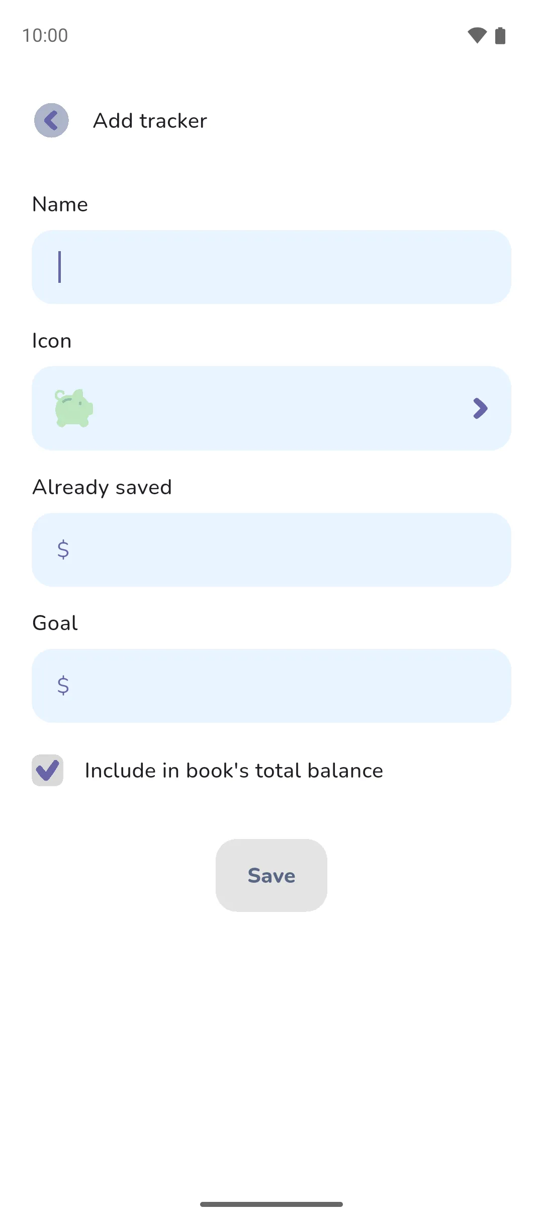 The form for a new savings tracker with Name, Icon, Already saved and Goal