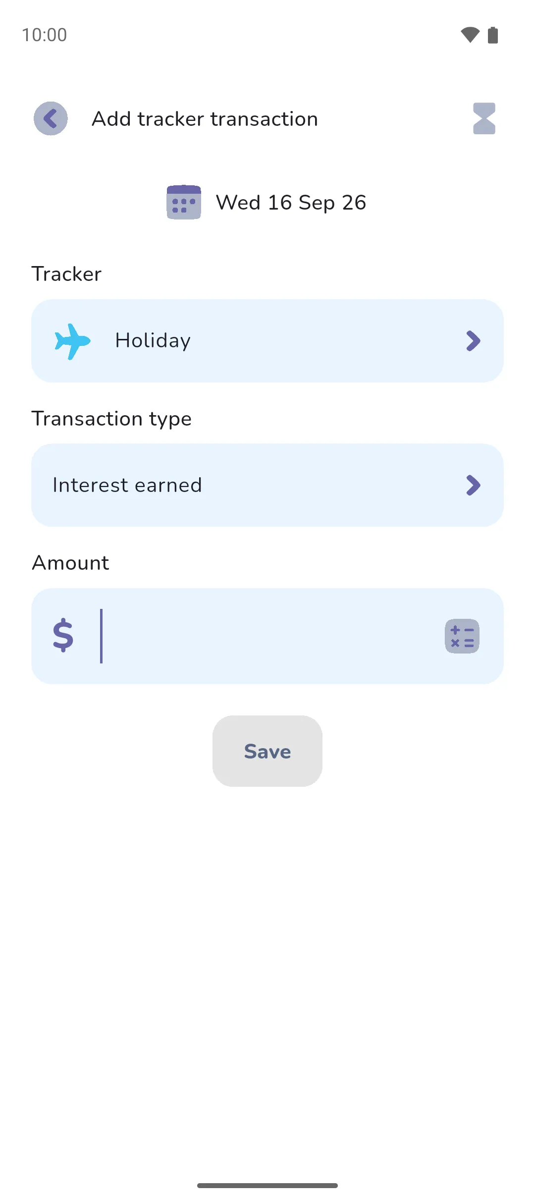 The Add tracker transaction screen for a savings tracker with its Transaction type