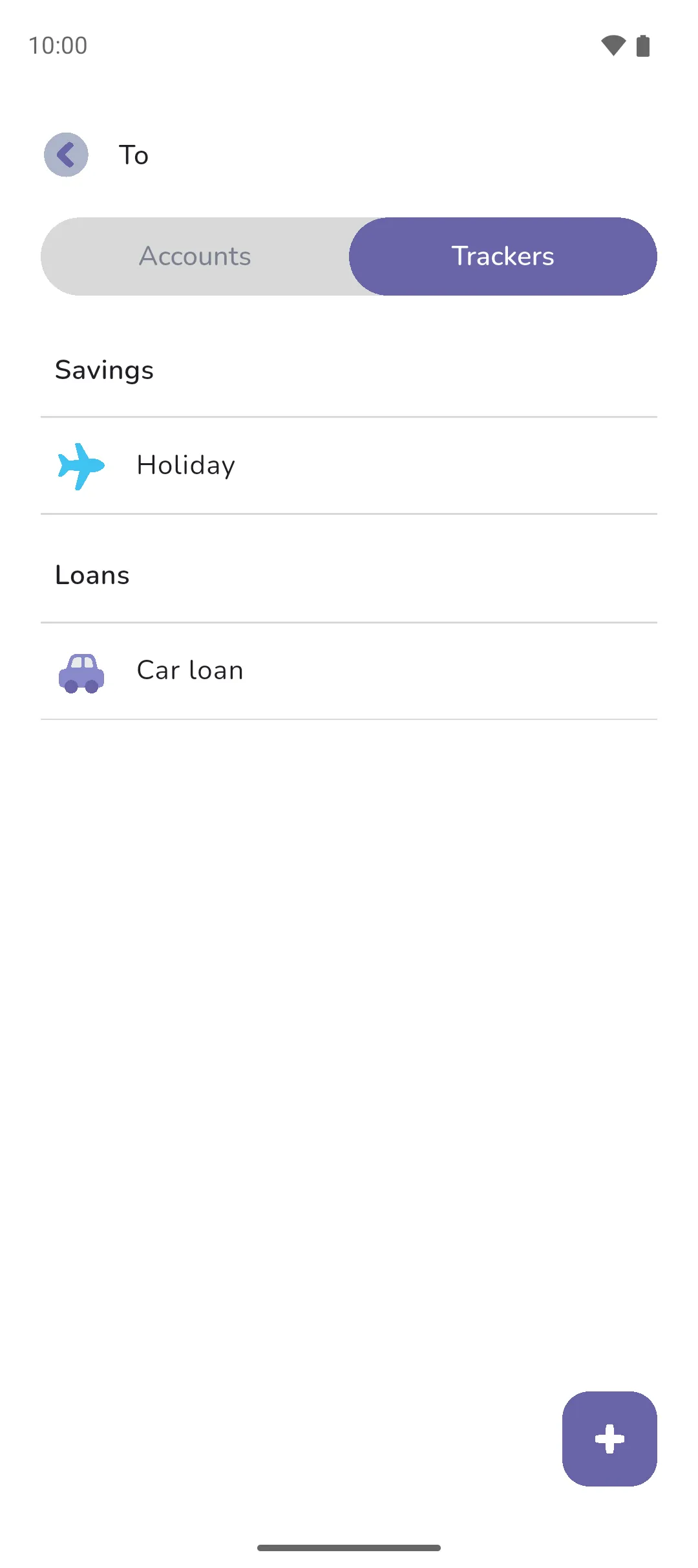 The To picker on its Trackers tab, with Holiday under Savings and Car loan under Loans