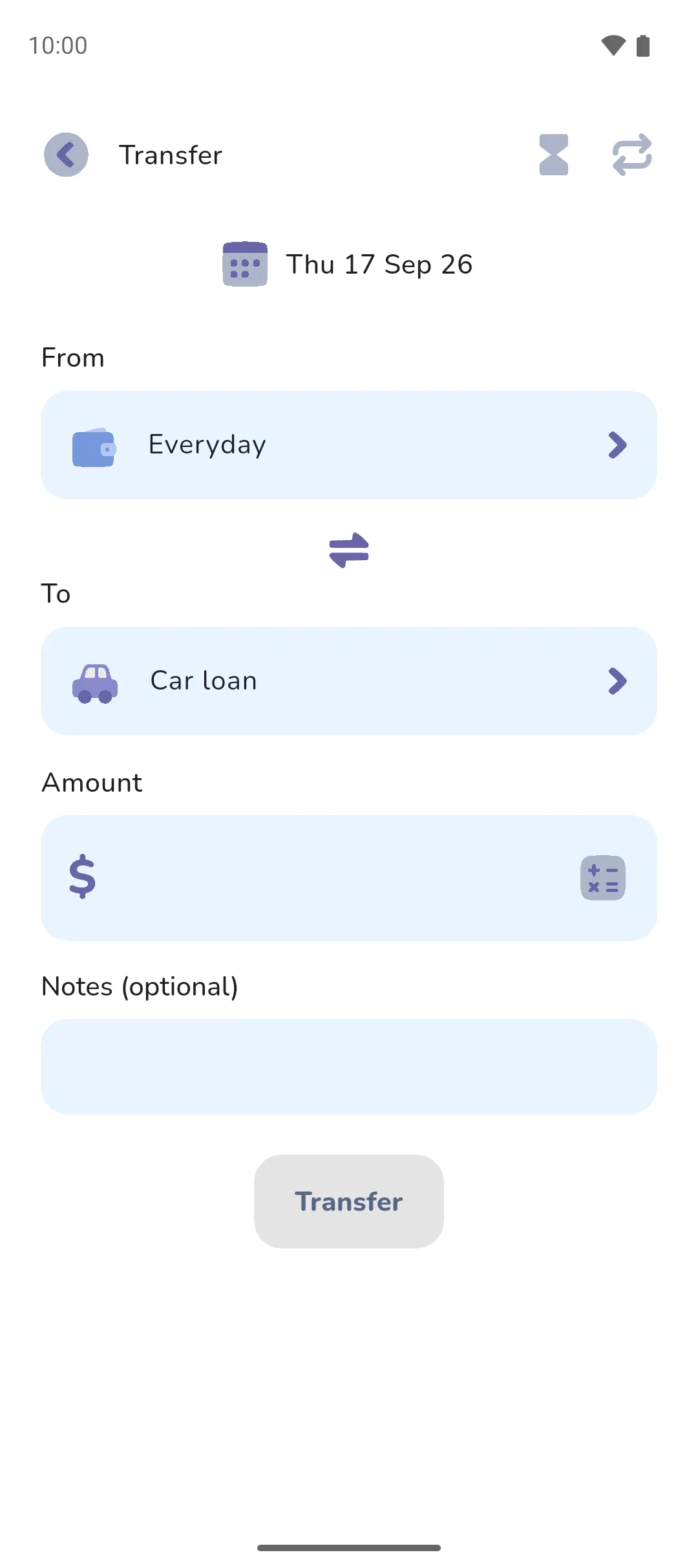 The Transfer form moving money from the Everyday account to the Car loan tracker, with the amount still empty and the Transfer button greyed out